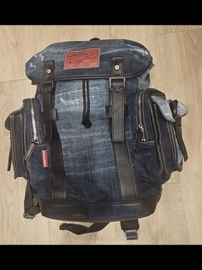 DSQUARED2 Blue Denim Backpack with Black Leather Trim